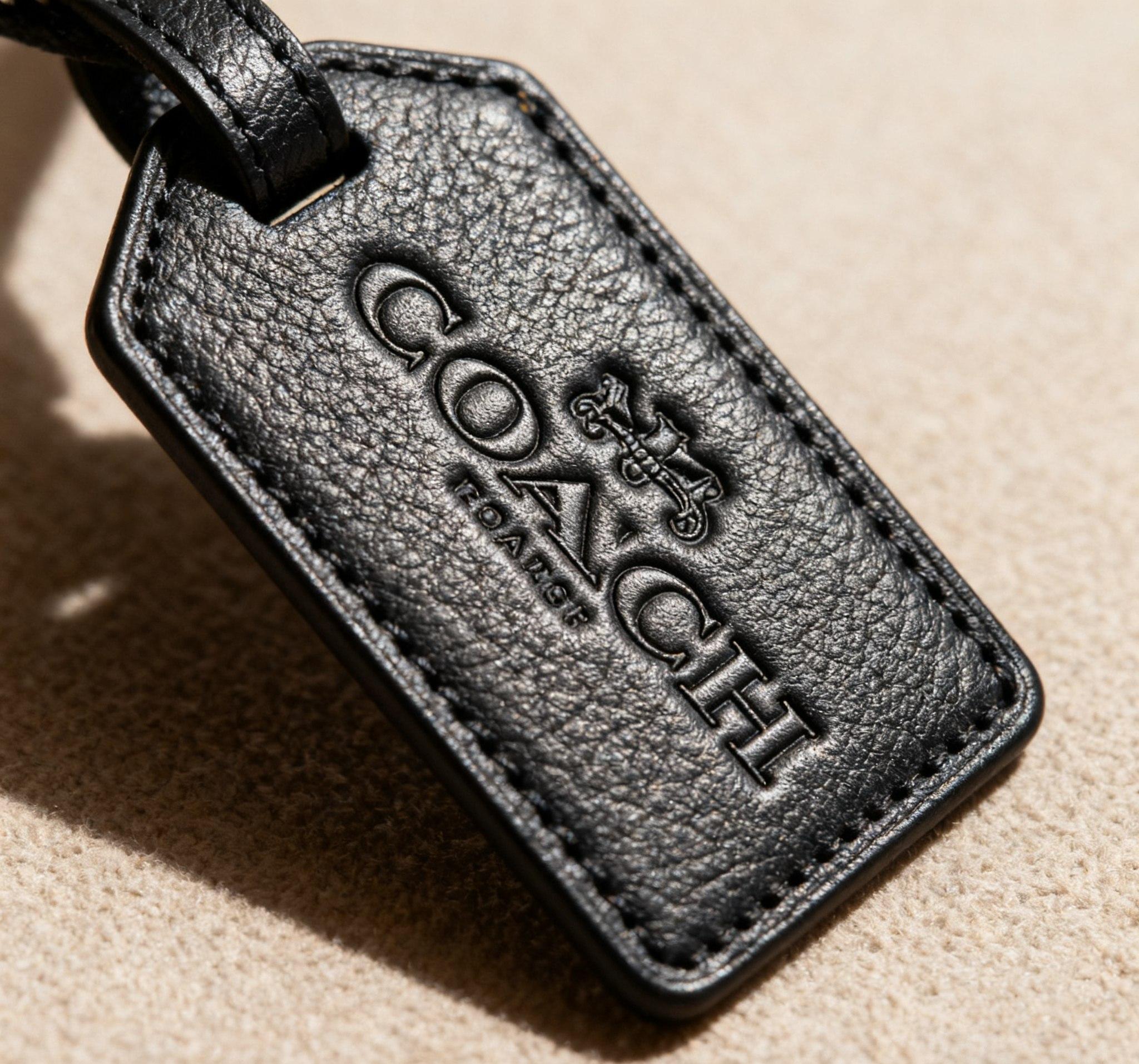 Authentic coach hang tags showing embossed logo on leather